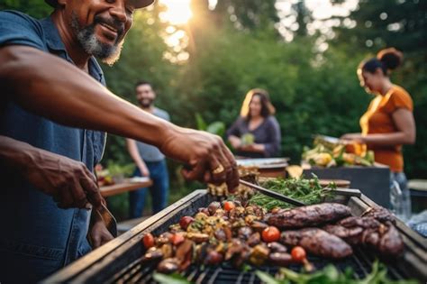 Premium AI Image | People cooking summer BBQ dinner at house backyard