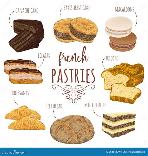 French Pastries Collection. Brioche, Macaroons, Croissants, Herb Bread, Eclairs, Paris Brest ...