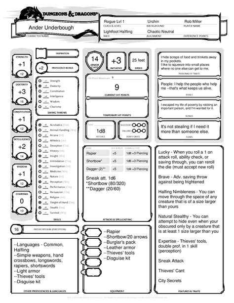 Lightfoot Halfing Rogue (1/2) D&D5E Completed Character Sheet. Created by Rob Miller ...