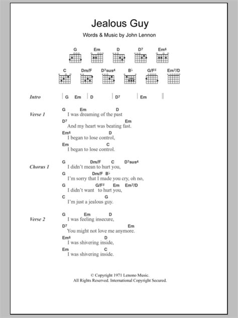 Jealous Guy by John Lennon Sheet Music for Guitar Chords/Lyrics at Sheet Music Direct