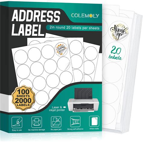 Amazon.com : Address Labels 2” Round for Laser and Inkjet Printers - 100 Sheets, 20 Labels Per ...