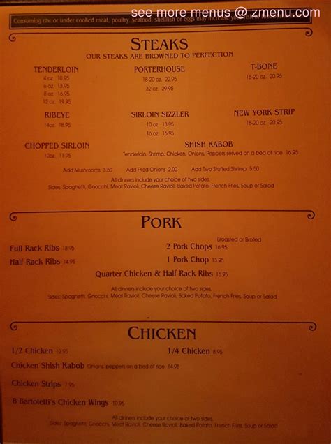 Menu at Bartolettis Restaurant, USA