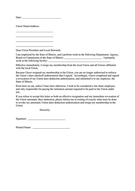 Union Resignation Letter Template printable pdf download