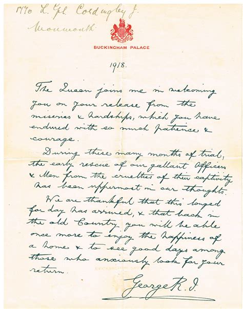 File:Hand written Letter of Recognition for World War 1 POW from King George V 1918 sent to ...