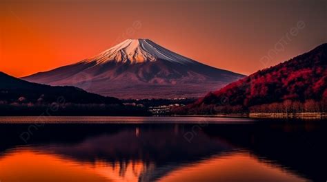 Mount Fuji With A Red Sunset Along A Lake Background, Red Mt, Fuji From Lake Yamanaka, Hd ...