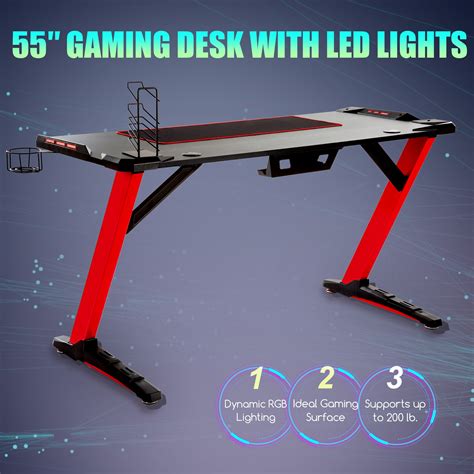 55" Computer Desk Gaming Desk w 6-Color RGB Lighting for Home Office ...