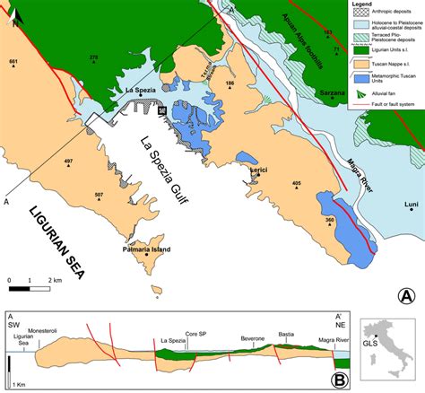 (A) Geological and geomorphological sketch map of the Gulf of La Spezia... | Download Scientific ...