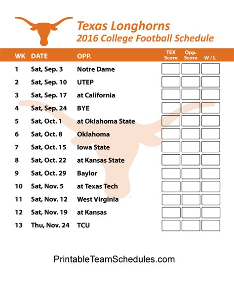 Texas Longhorns Football Schedule Printable