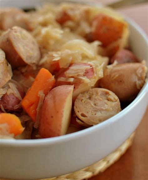 Slow Cooker Sausage Sauerkraut and Potatoes | Small Town Woman