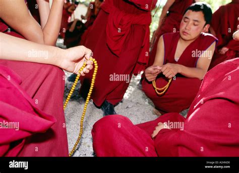 Many Tibetan Buddhist monks wearing red debating energetically at Sera ...