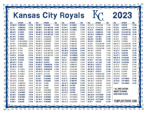 Printable 2023 Kansas City Royals Schedule