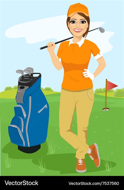 Pretty female golfer with golf club Royalty Free Vector