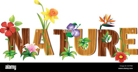 Font design for word nature with different types of flowers ...