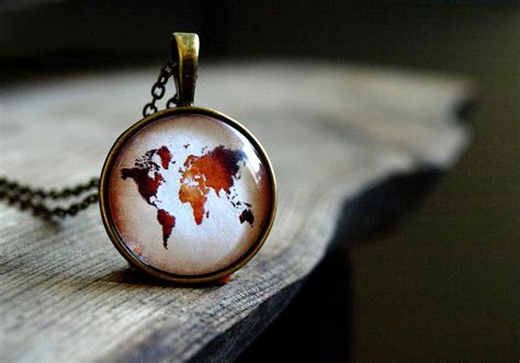 World map necklace Vintage map pendant world travel adventurer