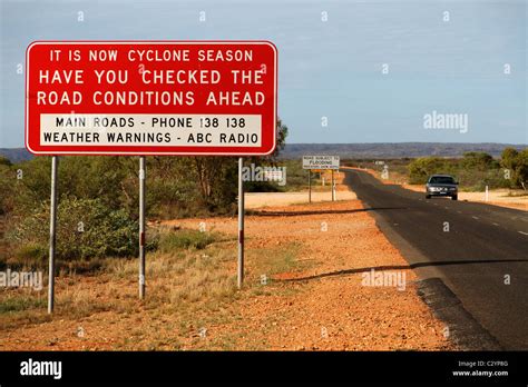 Cyclone season road warning sign, Exmouth Western Australia Stock Photo ...