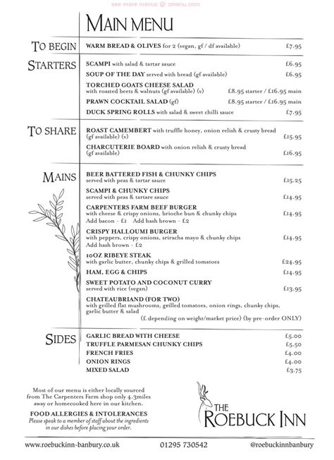 Online Menu of The Roebuck Inn Restaurant, Banbury, United Kingdom ...