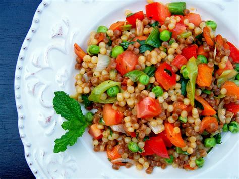 (Vegetarian) Israeli Couscous with Fresh Vegetables, Harissa and Mint — Edible Aria