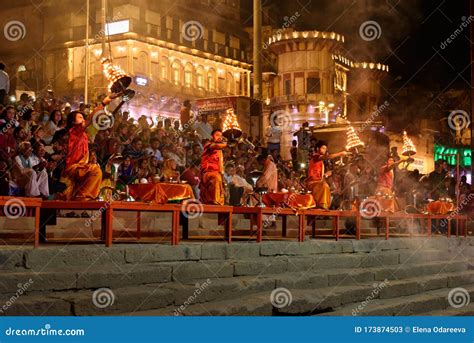 Ganga Aarti Ceremony Rituals at Assi Ghat in Varanasi. India Editorial ...