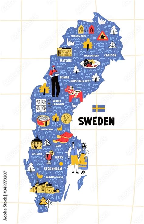 Sweden map flat hand drawn vector illustration flag. Names lettering ...