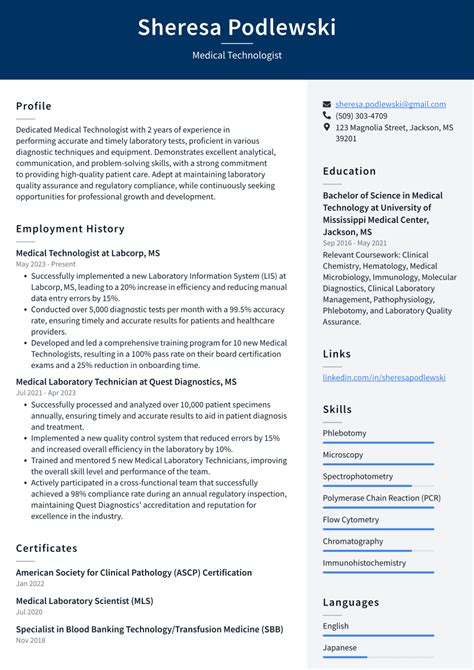 Medical Technologist Resume Examples and Templates