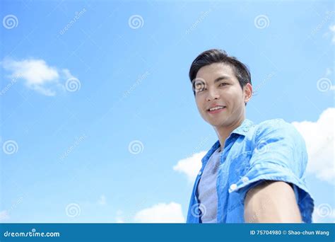 Man smile happily selfie stock photo. Image of education - 75704980