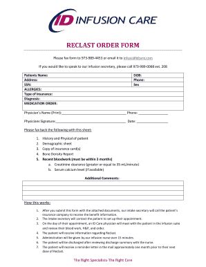 Fillable Online RECLAST ORDER FORM - ID Care Fax Email Print - pdfFiller