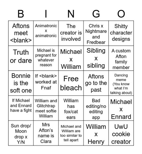 Gacha Fnaf cringe Bingo Card