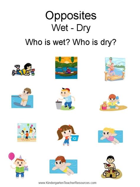 Kindergarten Worksheets - Opposites - Wet / dry