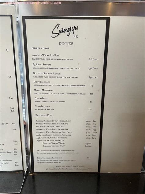 Menu at Swagyu Pacific Beach steakhouse, San Diego