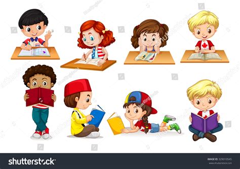 Boy Girl Reading Writing Illustration: vector de stock (libre de ...