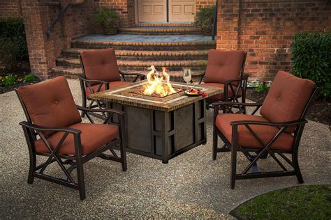 5-Piece Stone Square Gas Fire Pit Table Set w/ Red Aluminum Patio Rocking Chairs - Walmart.com