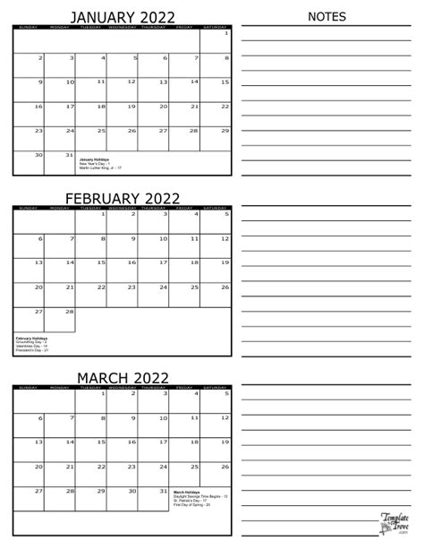 3 Month Calendar - 2022