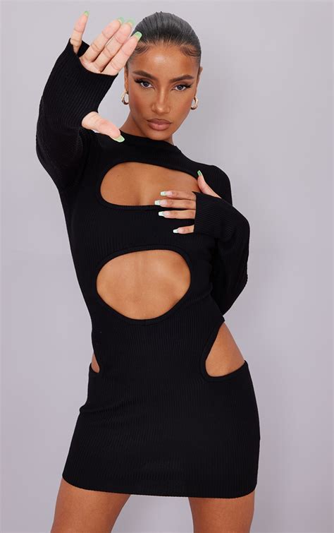 Black Knitted Cut Out Bodycon Dress | Knitwear | PrettyLittleThing USA