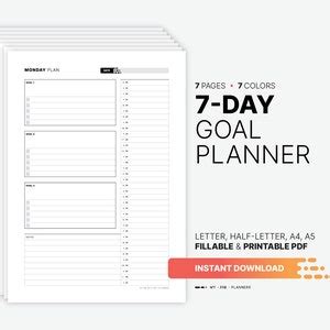 7-day Goal Planner Printable Daily Schedule Fillable Work & - Etsy