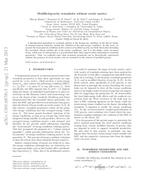 (PDF) Modified-gravity wormholes without exotic matter | Tiberiu Harko ...