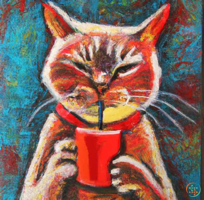 Oil Pastel Painting Of Cat Drinking Red Coffee | Artificial Design