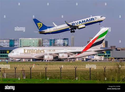 Manchester airport Emirates A380 388 Ryanair Boeing 737 takeoff Stock ...