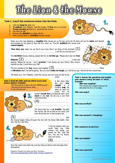 The Lion and the Mouse (Fable) : English ESL worksheets pdf & doc