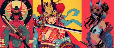 Portraits of a samurai devil girl. Retro anime style illustration on a colorful background ...