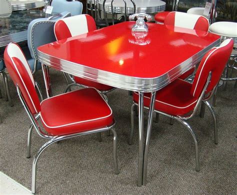 a red table surrounded by white chairs in a room