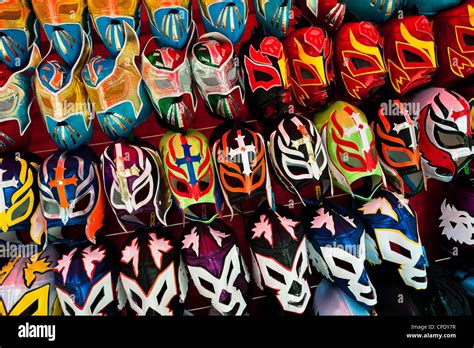 Colorful Lucha libre (Mexican wrestling) masks for sale on a stall at a local arena in Mexico ...