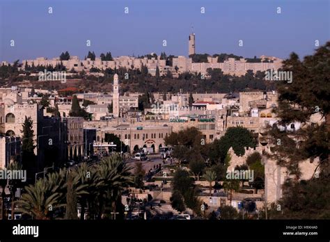 View of The Hebrew University on Mount Scopus across Sultan Suleiman street outside the old city ...
