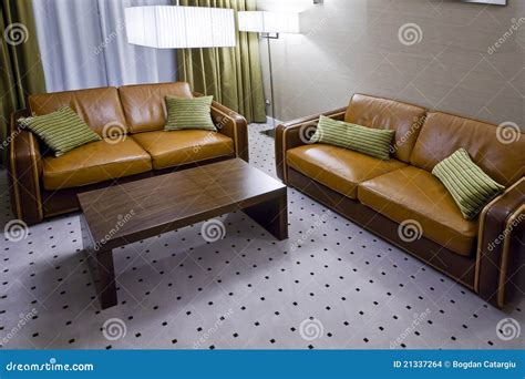 Two Brown Leather Sofas in Living Room Stock Photo - Image of sofa ...