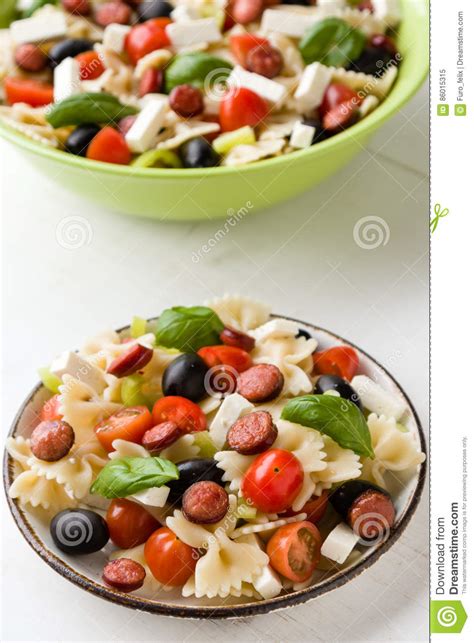 Farfalle Salad on White Table Stock Image - Image of fresh, rustic ...