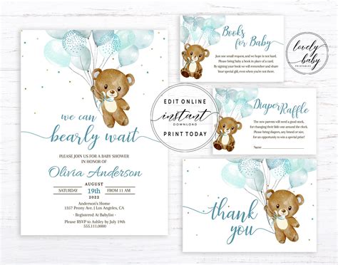 Editable Teddy Bear Baby Shower Invitation Set Printable Baby | Etsy