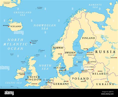 Northern Europe, political map. British Isles, Fennoscandia, Jutland ...