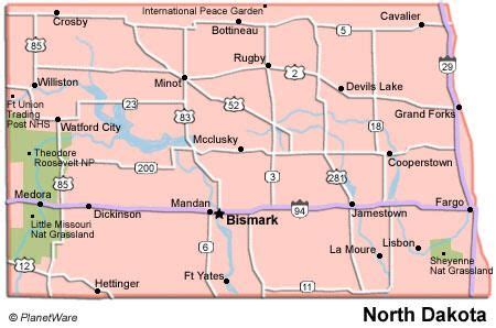 Map of North Dakota showing National Parks. Dakota City, South Dakota ...