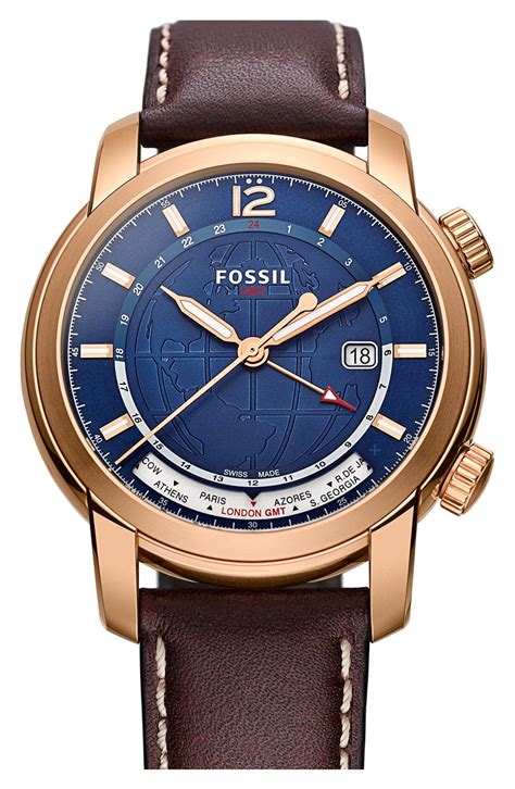 Fossil Swiss GMT Leather Strap Watch, 45mm | Nordstrom