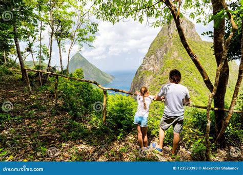 Family Enjoying View of Piton Mountains Stock Image - Image of ...