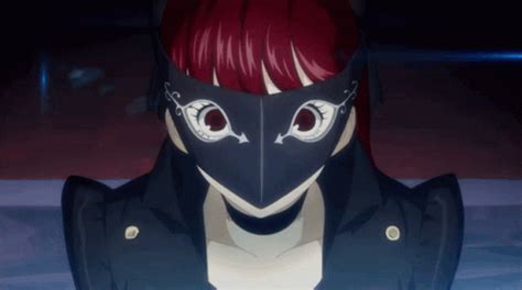 an anime character with red hair wearing a black mask and white shirt, looking at the camera